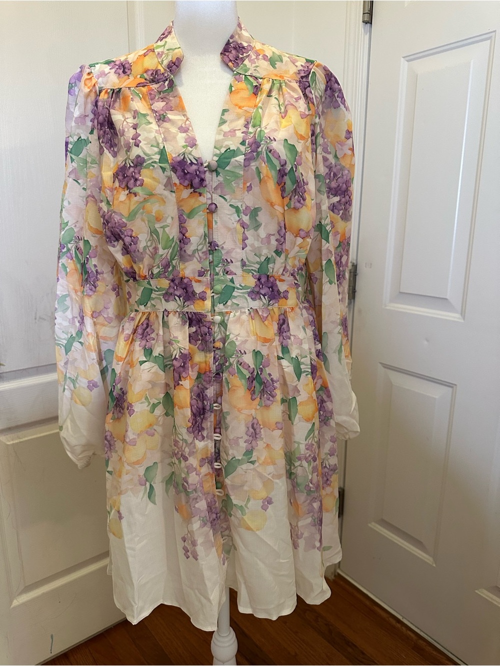 NWT Women’s V-Neck Floral print Lantern sleeve button up shirt dress size M